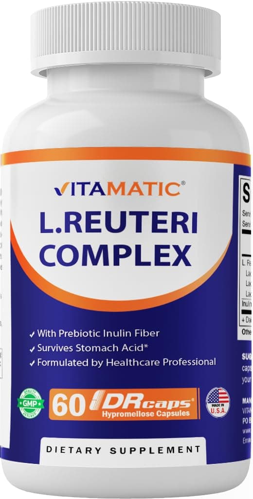 Vitamatic Lactobacillus Reuteri Complex 22 Billion CFU per Delayed Release Capsule 60 Capsules Digestive Gut Health Support with Prebiotic Inulin Fiber