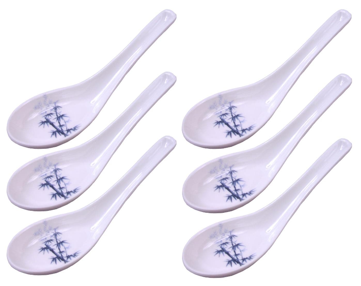 Happy Sales Melamine Soba, Rice Spoons, Asian Chinese Won Ton Soup Spoon, 6 Pack Blue Bamboo Design