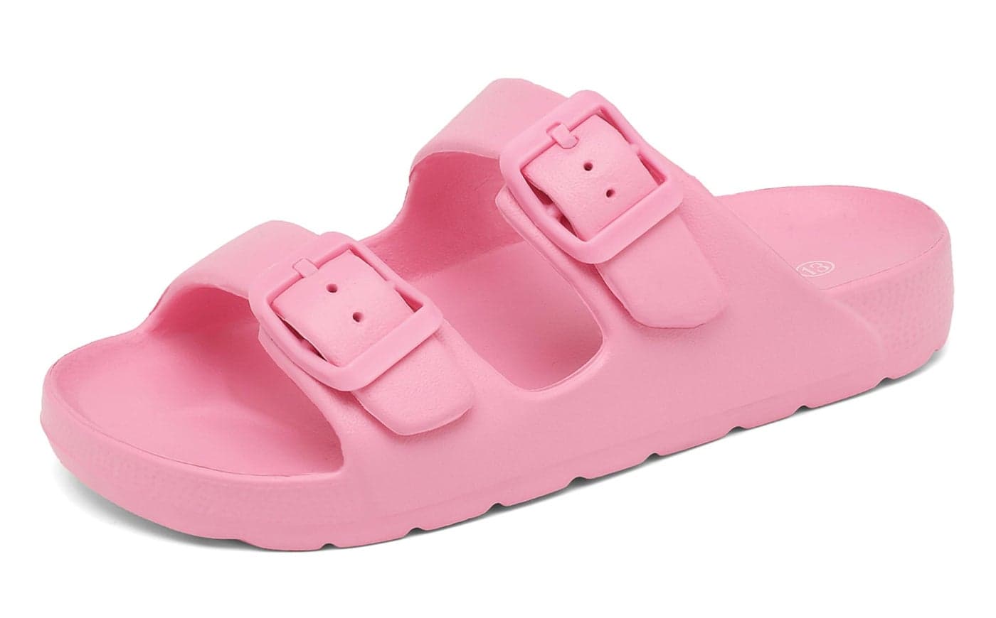 INMINPIN Boys Girls Double Buckle Slide Sandals Comfort Beach Pool Shower Slippers Adjustable Indoor Outdoor Little Kid/Big Kid,Pink,4 Big Kid