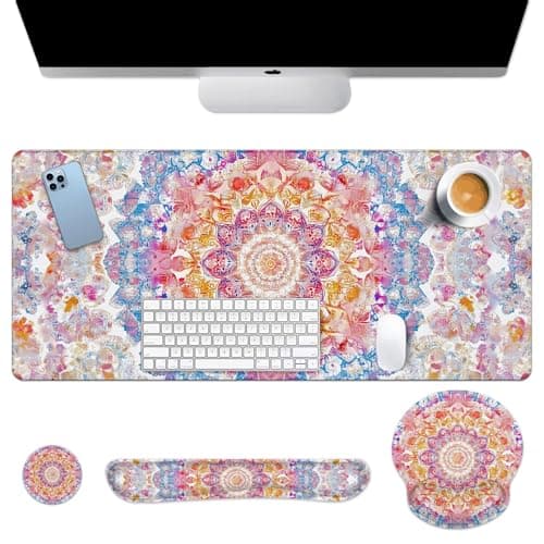 Arttown Boho Flower Floral Desk Mat Ornate Colorful Mouse Pad Set 4 in 1 Vintage Ergonomic Design Large Desk Pad + Keyboard Wrist Rest + Mouse Wrist Rest + Coaster Suitable for Home Office Study Game