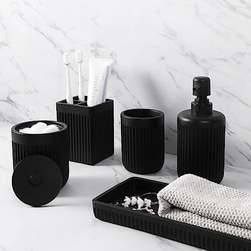 XLHOMO Resin Matte Black Bathroom Accessories Set 5 Pcs, Lotion Soap Dispenser, Toothbrush Holder, Bathroom Tumbler, Qtip Holder and Vanity Tray, Bathroom Countertop Organizer Set for Home Apartment