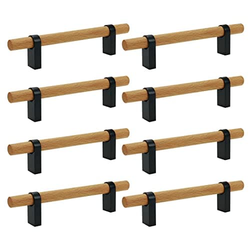 Mcredy T Bar Pulls for Cabinets 378 Hole Distance Black Wooden Cabinet Pulls Handle for Closet Wardrobe Kitchen Drawer Dresser Hardware 8 Packs