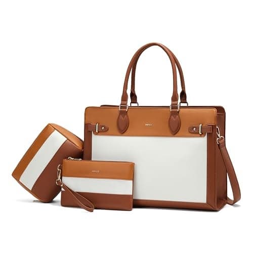 Keyli 3pc Sets Laptop Tote Bag for Women 15.6 Inch Work Bag Business Computer Briefcase Waterproof Leather Laptop Purses Casual Shoulder Handbag Messenger Bags for Travel Teacher Office Brown