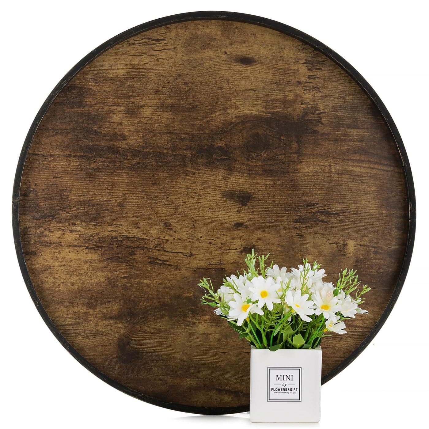 Hanobe Decorative Coffee Table Tray Brown Wood Tray Round Rustic Wooden Trays Circle Farmhouse Centerpiece Candle Holder for Home Decor Ottoman Counter Display Living Room Organizer 18