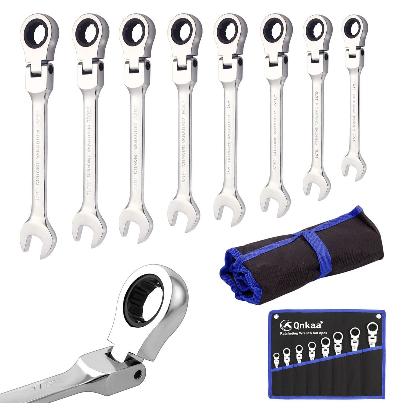 Qnkaa 8pcs Flexible Ratchet Wrenches Set SAE 516 to 34 Inch Standard Spanners Gear Ring Ratcheting Combination Flexi Wrench Kit Flex Flexible Head