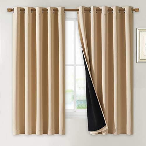 NICETOWN Bedroom Full Blackout Curtain Panels Super Thick Insulated Window Covers Complete Blackout Draperies with Black Liner for Short WindowBiscotti Beige Set of 2 PCs 70 by 63inch