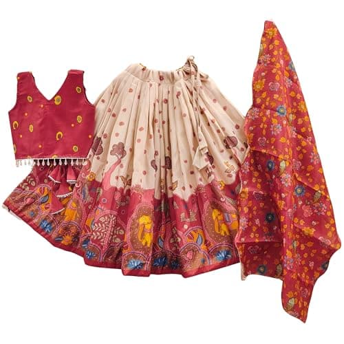 Tejam Girls Simar Soft Silk New Traditional Printed Readymade Lehenga Choli -Ethnic Wear Wedding Outfits (Suitable For Girls 2 To 8 Year) (Maroon, 2-3 Year)