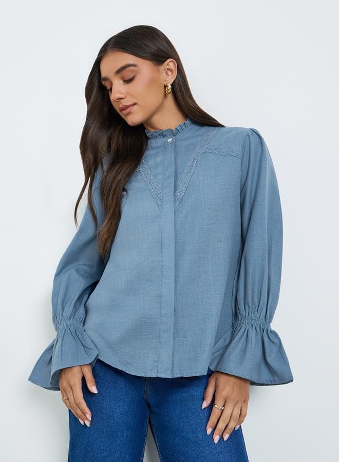 Women Blue Lace Detail Blouse