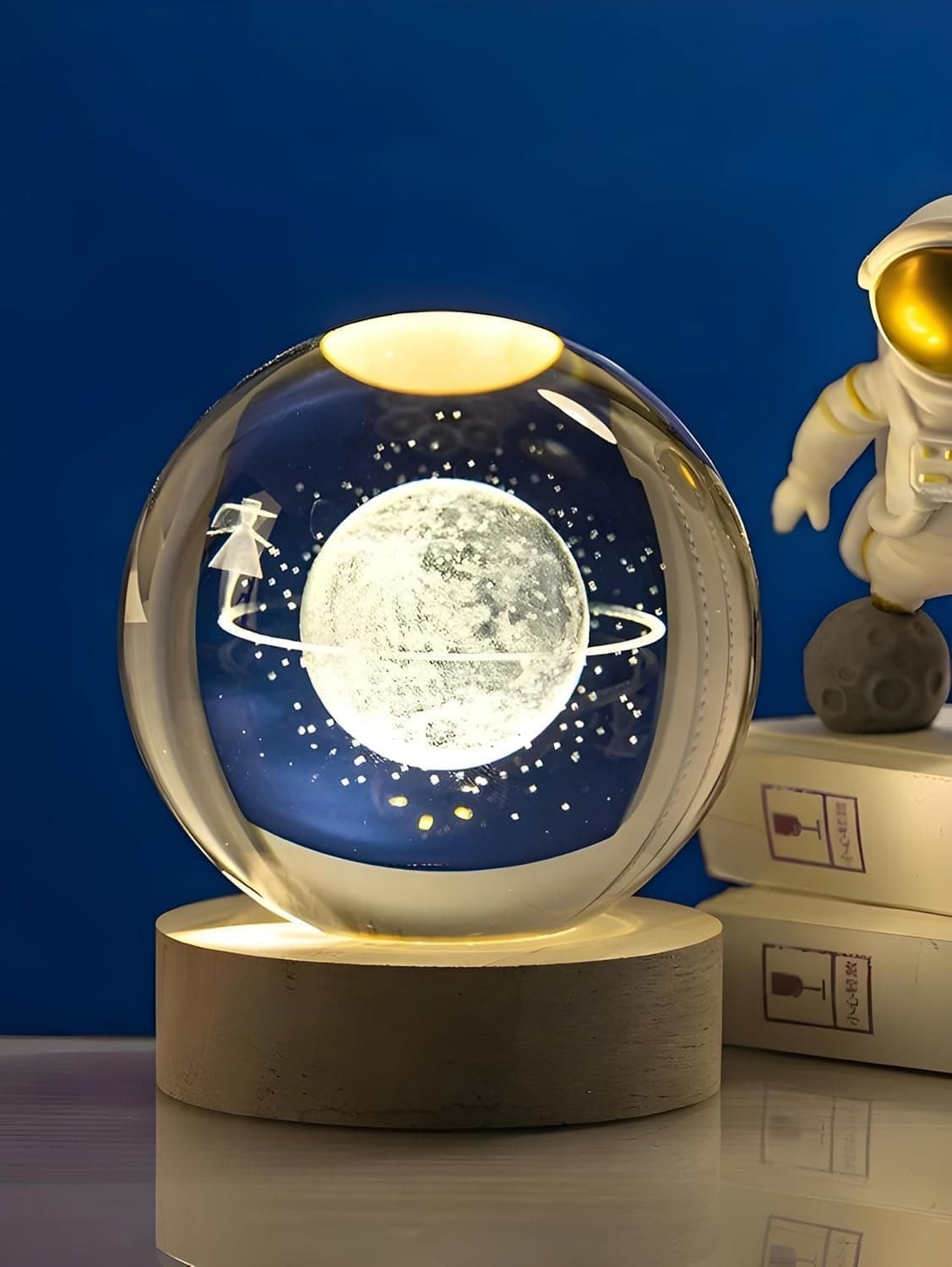 TEKCOOL Big Moon Fairy 3D Crystal Ball Night Light with Wooden Base - LED USB Table Lamp for Kids, Teens, and Home Decor