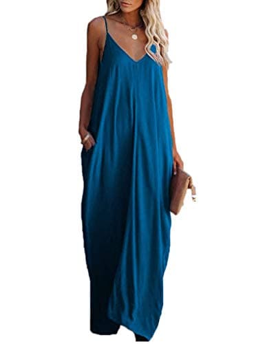 Maxi Bohemian Dresses for Women Summer Casual Spaghetti Strap Long Dress (M, Acid Blue)