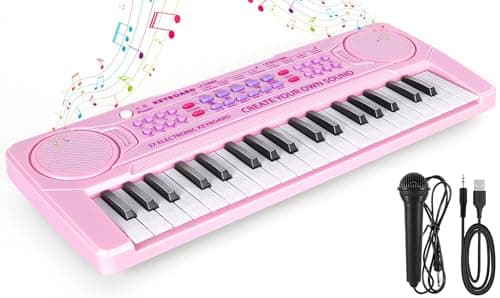 M SANMERSEN Kids Piano Keyboard 37 Keys Music Keyboard Piano Toys with Microphone Portable Dual Speaker Electronic Piano Keyboard Birthday Gift for Beginners Girls Ages 3 4 5 6 Pink
