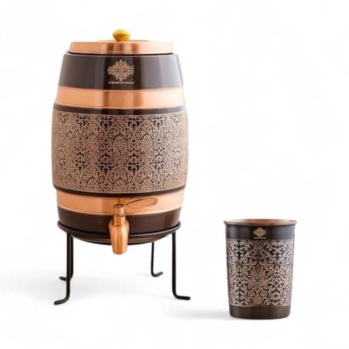 Indian Art Villa Copper Water Carafes with Embossed & Black Printed Design – 5 Liter Water Carafes with Stand, Tap & Glass (275 ML), Ayurvedic Drinkware for Home, Office, Gifting & Daily Hydration