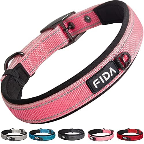 Fida Heavy Duty Dog Collar, Ultra Comfortable Soft Neoprene Padded, Adjustable Reflective Nylon Pet Collar with Durable Metal Belt Buckle for Large Breeds (L, Pink)
