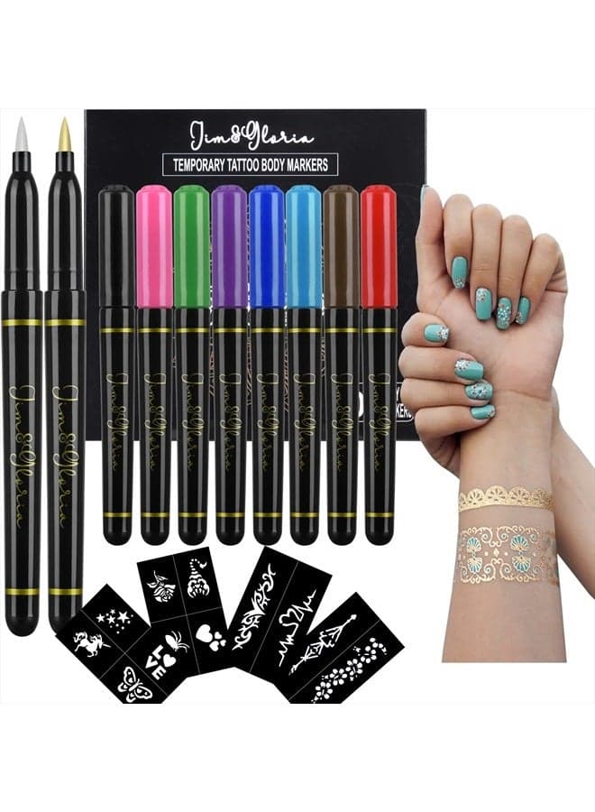 Body Art Tattoo Pen 10 Colors With Gold and Silver Fake Tattoos Brush Temporary Tattoo Kit Teen Girls Trendy Stuff for Birthday Friendsgiving Thanksgiving and Christmas gift ideas