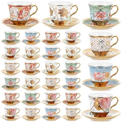 Teenyyou Set of 36 Tea Cups and Saucers Tea Party Decorations Floral Porcelain 5.4 oz British Gift for Women Birthday Party, Church, and Mother's Day (Stylish Style)