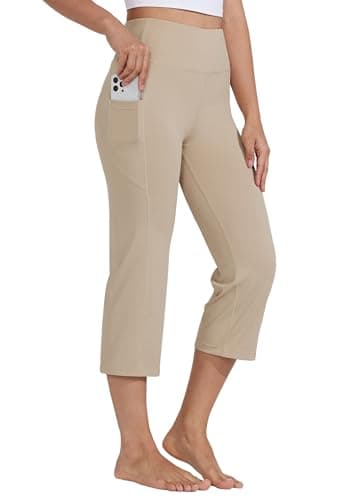 Willit Women's Yoga Capris Pants High Waist Leggings Crop Straight Leg Athletic Exercise Workout Capris Khaki M