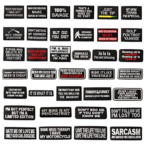 CDzyzh Iron On PatchFunny Phrases Slogan Letter Sew onIron on Word Embroidered Patches for Motorcycle Biker Vest Jackets Backpacks Jeans Hat Clothing Bag GearUniform 36pcs