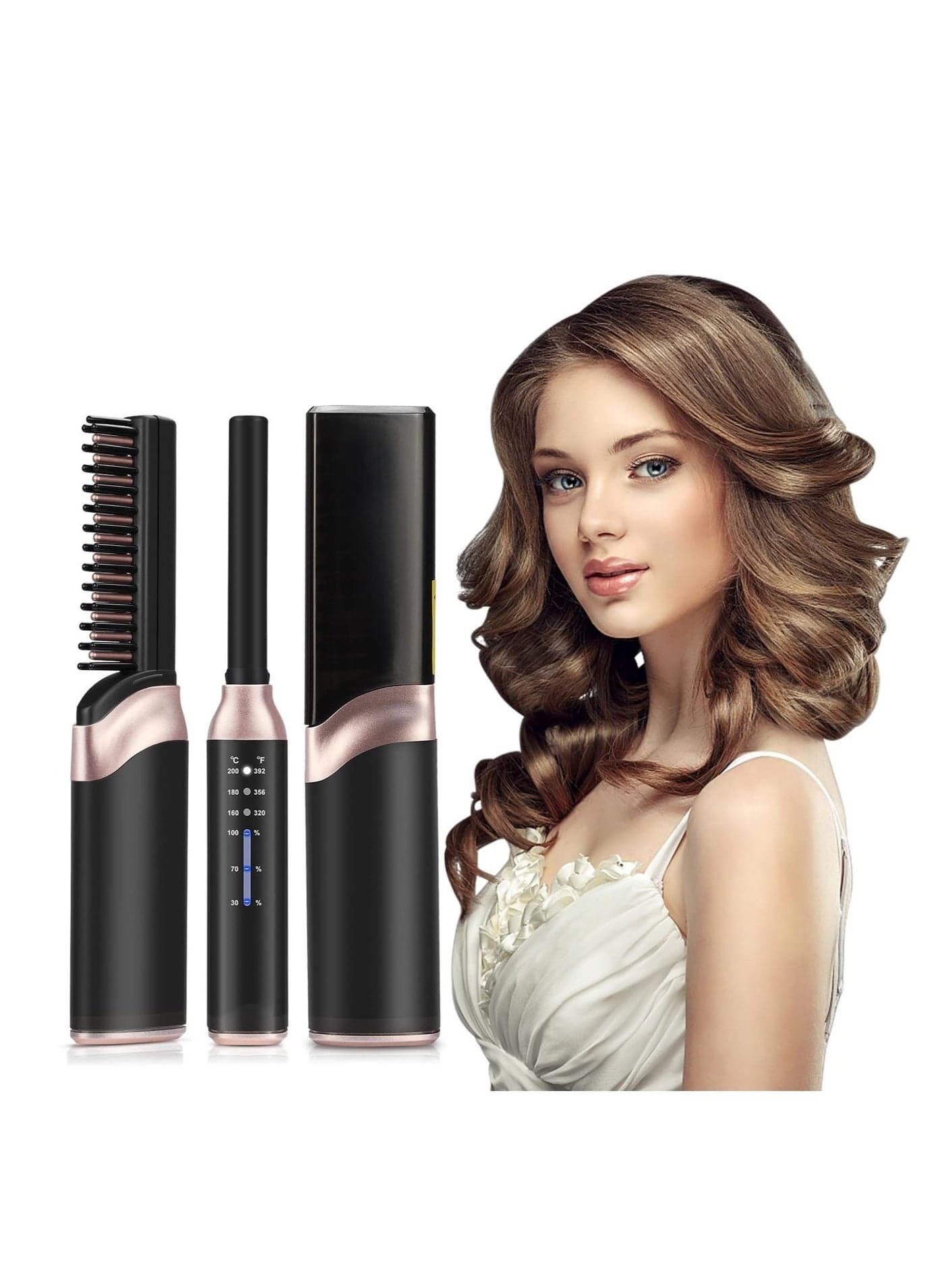 Cordless Hair Straightener Brush, Mini Portable Comb, Rechargeable Hot with Anti-Scald & 3 Heating Level, for Women Men Home Travel (Black)