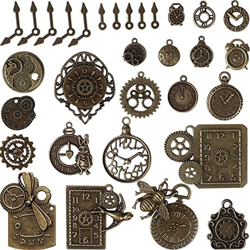 BIHRTC 40pcs Antique Bronze Mix Skeleton Steampunk Clock Face Watch Gear Cog Wheel Pendant Charms Jewelry Making DIY Steampunk Gear Pendant Charms