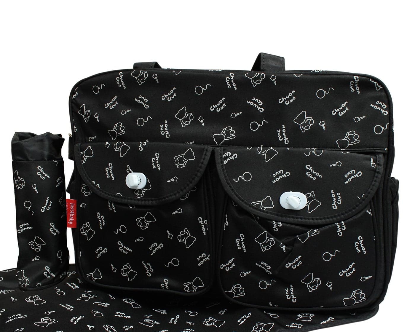 Babies Bloom Bear Design Diaper Bag for Mom and Baby, Black, 3 Pieces