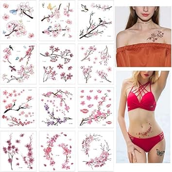 Glaryyears Flower Birds Temporary Tattoos 12 Sheets Cherry Blossoms Fake Realistic Tattoo Sticker for Women Girls Sexy Leaf Body Art for Seasons