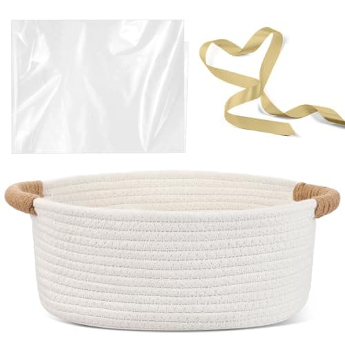 Colingmill Graduation Woven Gift Basket with Gift Bags and Ribbons 12x8x5 Empty Cotton Rope Storage Basket for Birthdays Wedding DIY PresentWhite
