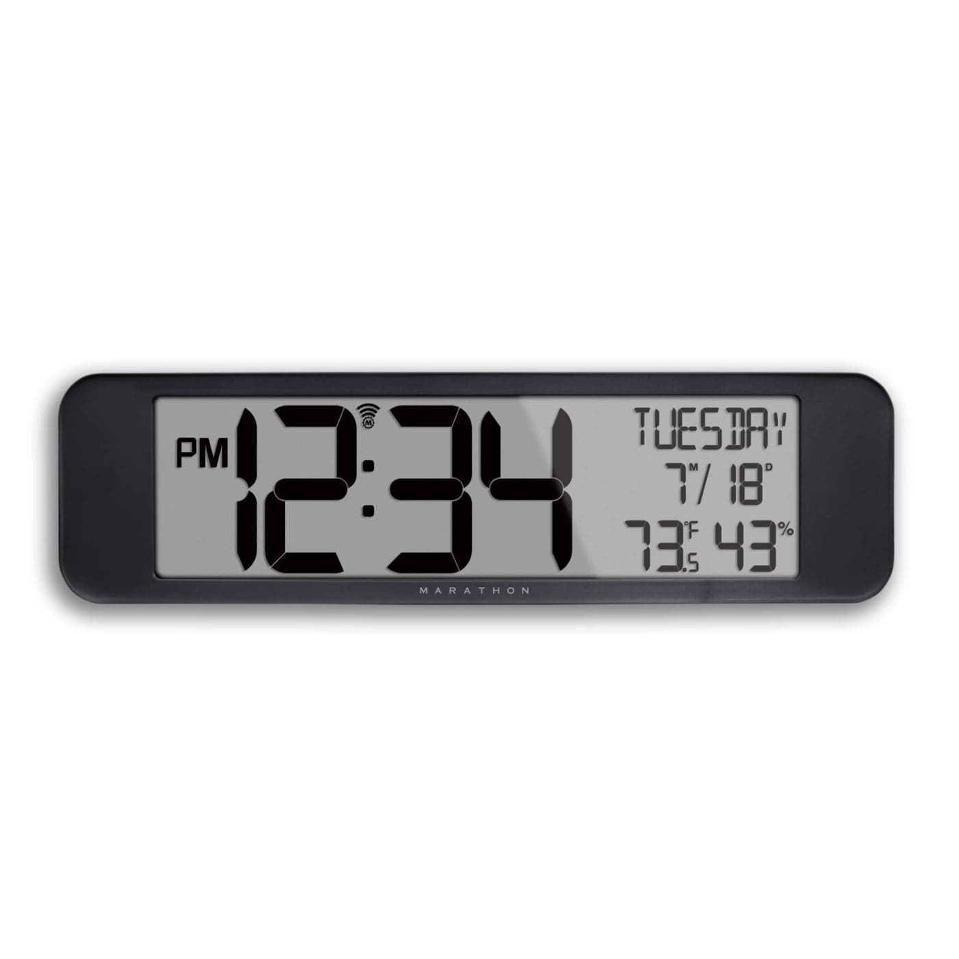 MARATHON UltraWide Atomic Wall Clock Black Large 14Inch Panoramic Display AMPM or 24Hour Time Format Eight Time Zones Indoor Temperature Humidity Two AA Batteries Included