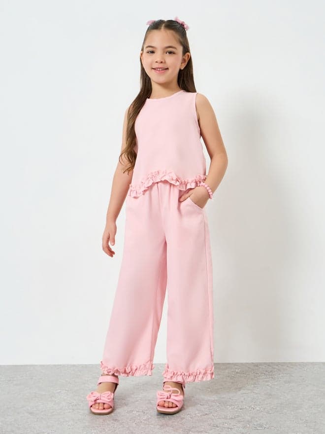 Styli Girls Pink Ruffle Trim Top and Wide-Leg Pants Set