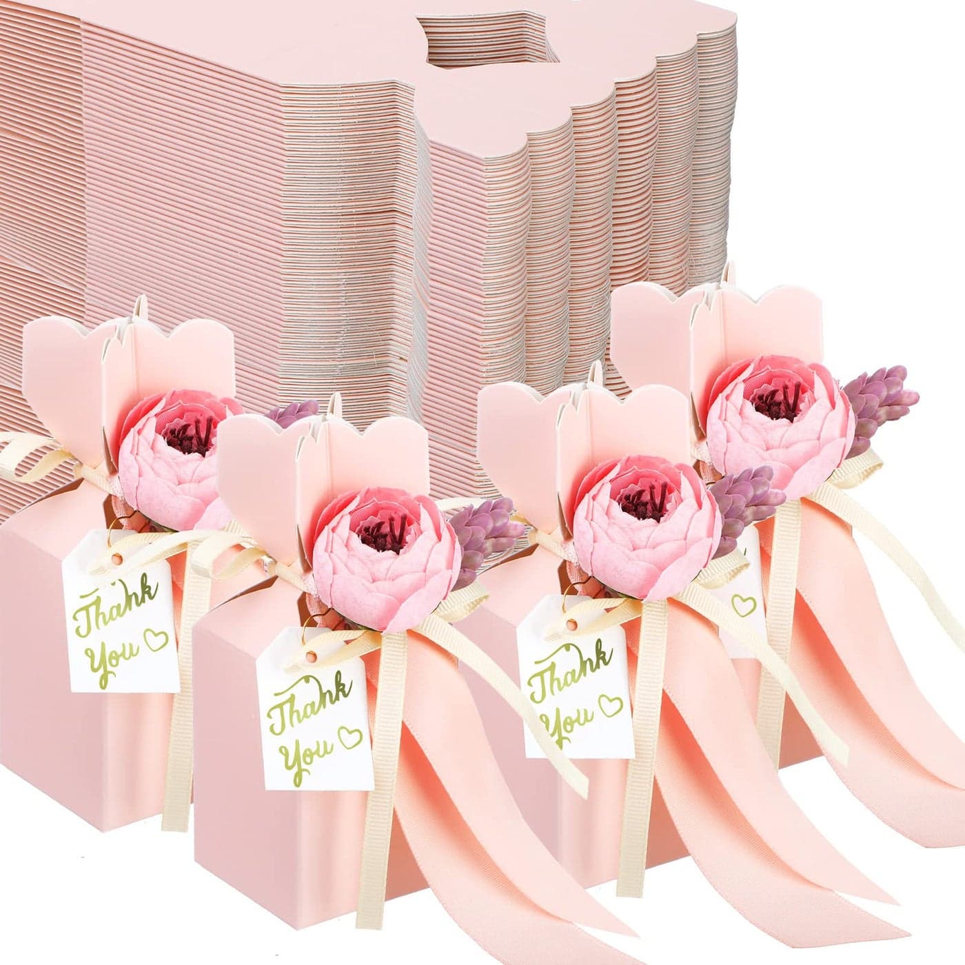 TaoBary 50 Pcs Bridal Shower DIY Wedding Favors Candy Boxes with Ribbon and Flower Flower Party Favor Boxes for Engagement Wedding Decorations Pink