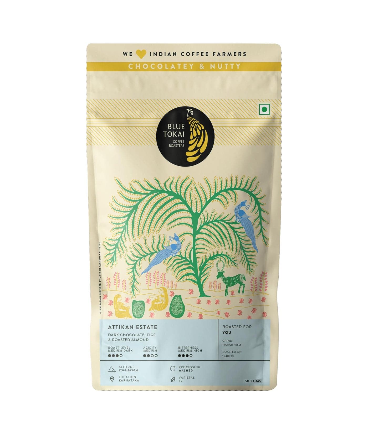 Blue Tokai Coffee Roasters Attikan Estate - Medium Dark Roast Pouch| French Press Coffee Grind 500G | Rich & Indulgent | 100% Arabica Beans | Specialty Coffee | Freshly Roasted Ground Coffee