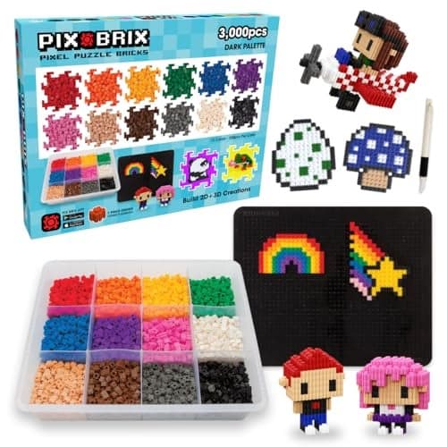 Pix Brix Pixel Art kit Puzzle Bricks 3000 Piece Pixel Art Container 12 Color Dark Palette Interlocking Building Bricks Create 2D and 3D Builds Without Water or Glue Stem Toys Ages 6 Plus