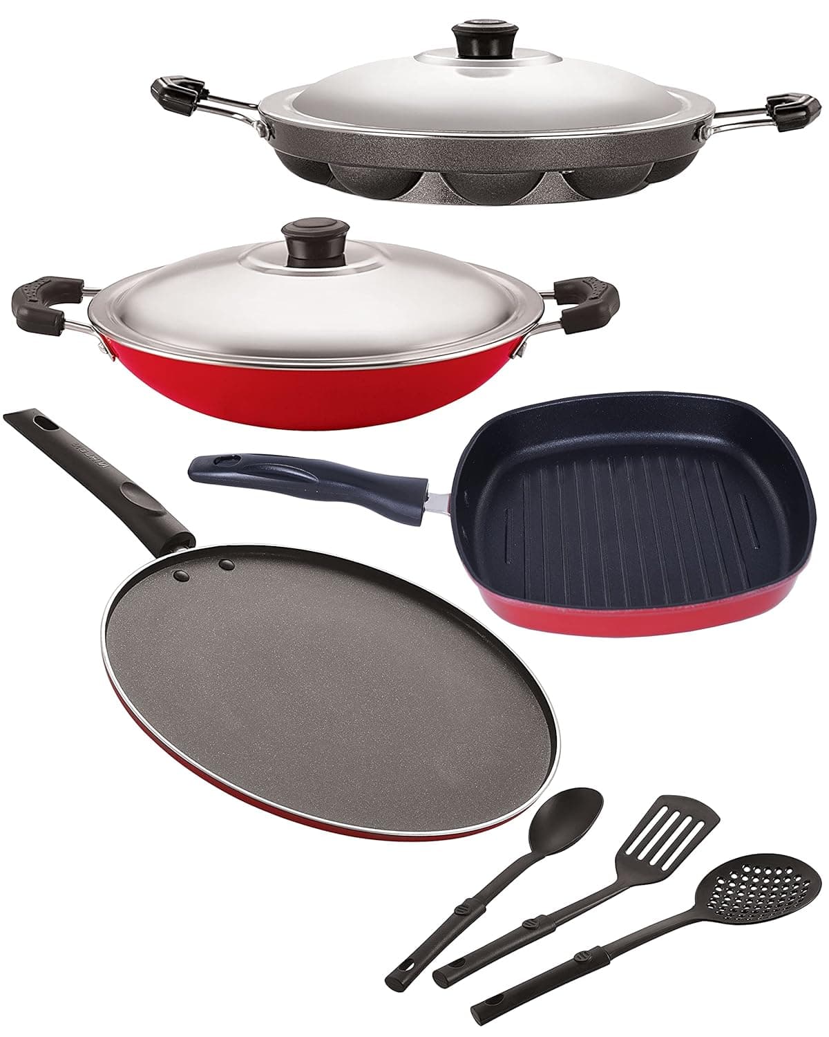 Nirlon Nonstick Coated Aluminium 7 Pcs Set of Appam-12 Cavity,AppaChatti-22.5cm,Grill Pan-22.5cm,Smart Tawa-29cm & 3 Spoon (2.6mm_AP(12)_AC_GP(22.5)_ST12_3SPN)