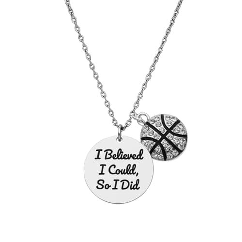 Sportybella Inspirational Basketball Necklace – “I Believed I Could, So I Did” Charm with Rhinestone Basketball Pendant – Motivational Gift for Players, Coaches & Fans