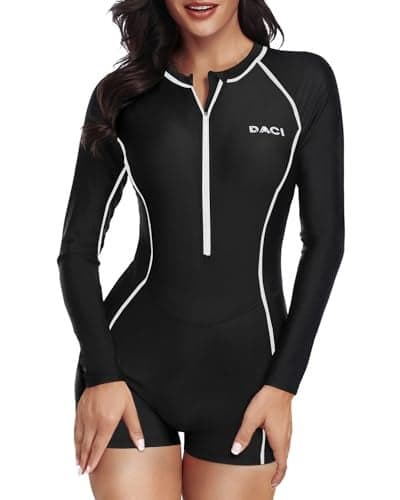 Daci Women Long Sleeve Rash Guard One Piece Boyleg Swimsuit Zipper Surfing Bathing Suit UPF 50 Black White M
