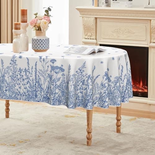 Horaldaily Spring Summer Tablecloth 60×84 Inch Oval, Wild Flowers Floral Blue Washable Seasonal Table Cover for Party Picnic Dinner Decor
