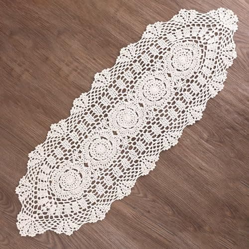 Oval Lace Table Runner Doilies, Cotton Handmade Crochet Lace Table Runner Beige, Hand Crochet Lace Table Runner, Floral Table Scarf Furniture Cloth Cover, Handmade Crochet Placemats(12x31.5 inch)