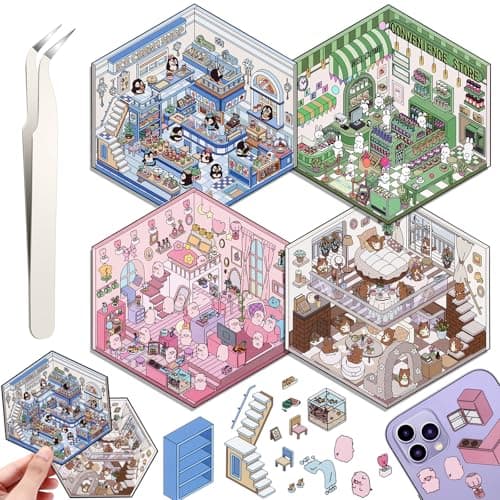 DIY 3D House Stickers 4 Set Fun DIY Stickers Scene Make Your Own Warm Home Supermarket Coffee Shop Music Bar Cute 3D Cartoon Scene Stickers for Adult Kids Relief Stress Pass The Time SY20