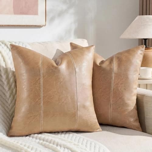 Fancy Homi 2 Packs Tan Decorative Throw Pillow Covers 18x18 Inch for Outdoor Couch Bed, Waterproof Faux Leather Hand Stitched Beige Square Cushion Case 45x45 cm, Modern Farmhouse Boho Home Decor