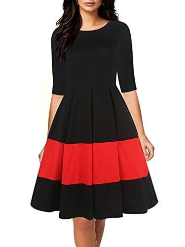 oxiuly Women's Vintage Half Sleeve O-Neck Contrast Casual Pockets Party Swing Dress OX253 (Black, M)