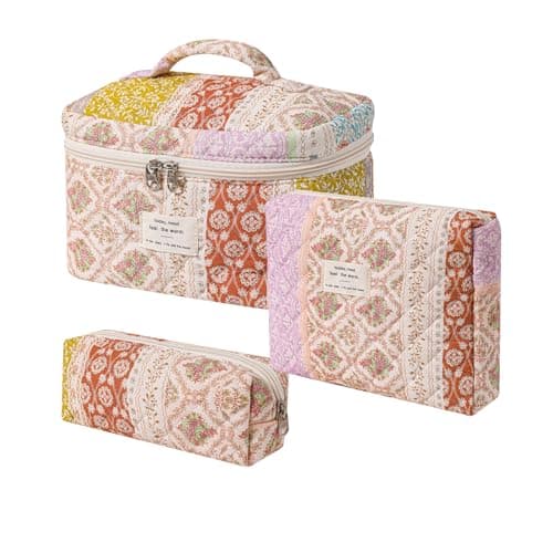 RSRSLEII 3Pcs Large Quilted Makeup Bag for Women and Girls Cute Coquette Floral Cotton Cosmetic Bag Aesthetic Travel Organized Toiletry Bags 3pcs Brown