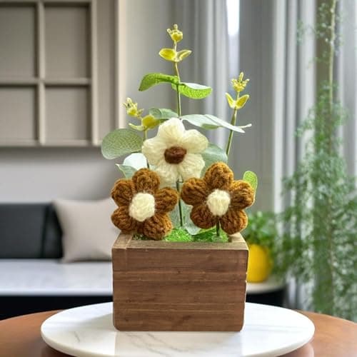 Akaar Decor's Handcrafted Crochet Flower Pot | Artificial Flowers for Home | Birthday | Anniversary | Housewarming Gifts | 100% Handmade Yarn Flower Décor (8 Inch, Wooden Base) (Brown)