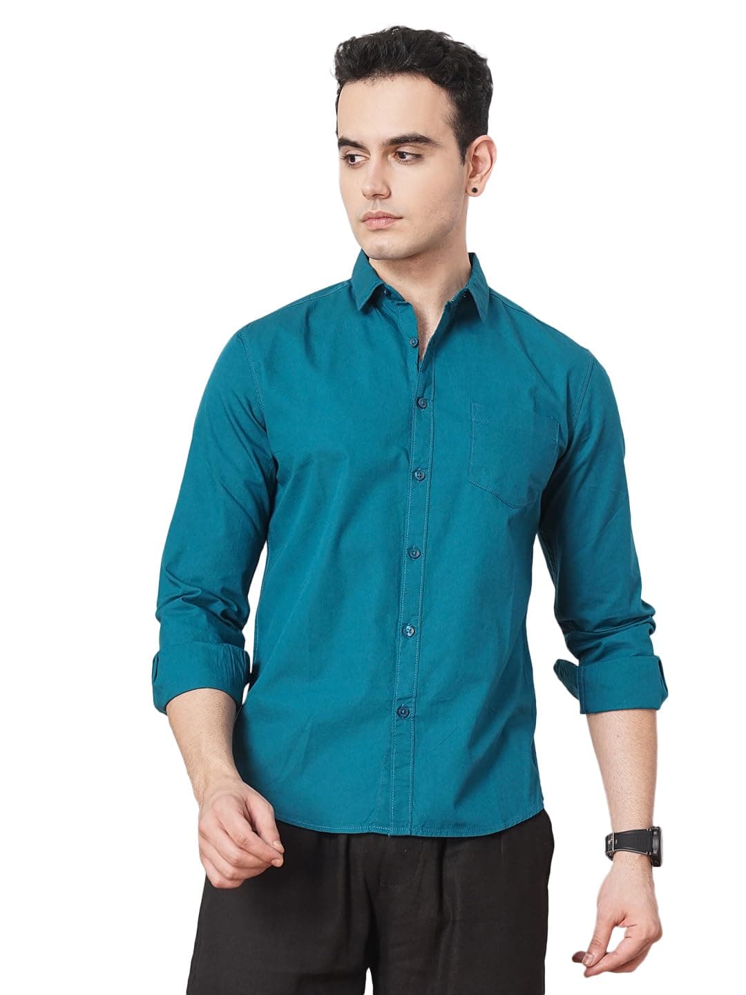 The Indian Garage Co Men Green Solid Slim Fit Cotton Casual Shirt