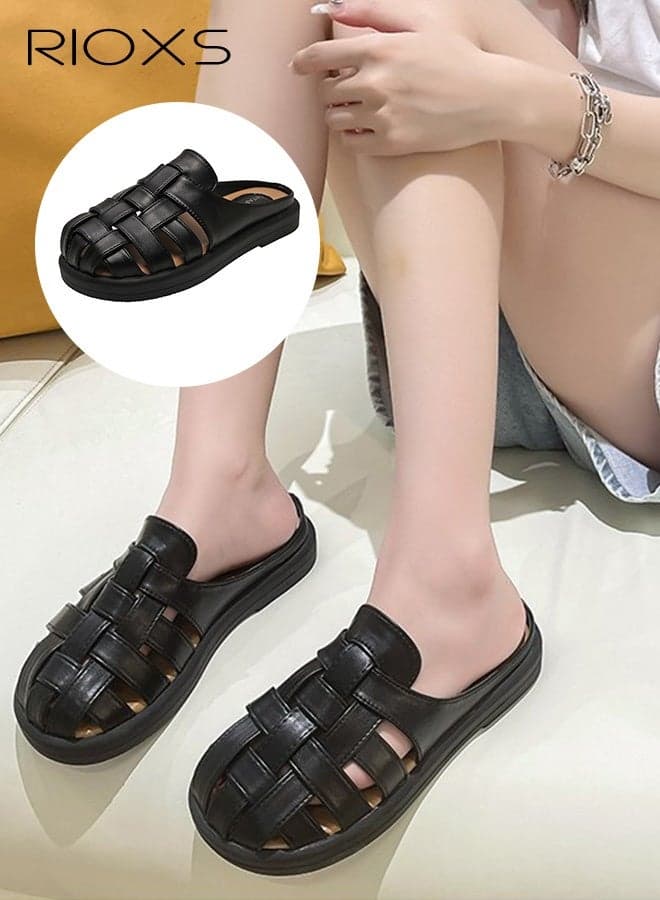Women's Casual Sandals, 3cm Low Platform Slippers, Breathable Semi Slippers for Women, Comfy Braided Mules Slide Sandals, Wrap Toe Slippers for Beach, Lightweight Anti-slip Mules Slip-on Sandals, Ladies Fisherman Sandal, Backless Loafer Slides for Walking Shopping Office Work and Daily Wear, Black S