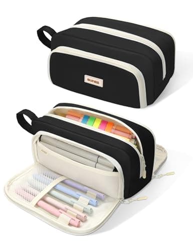 SUNEE Cute Pencil Case, Aesthetic Pen Pouch with 3 Compartments, Kawaii Colored Large Pencil Bag with Zipper, Stationery Storage and Organizer, Black School Supplies for Teen and Adult Girls
