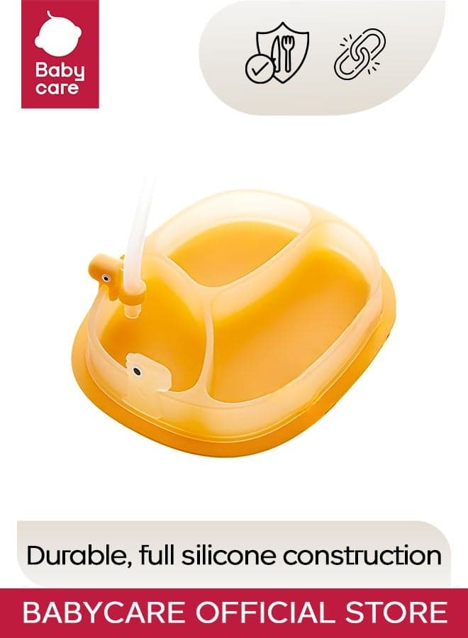 Babycare - Silicone Suction Plate Medium with Straw, Orange, BPA-Free, Non-Slip Base, Safe for Babies, Easy to Clean, Non-Toxic, Durable Plate, Leak-Proof Straw, Portable, Ideal for Toddlers and Infants