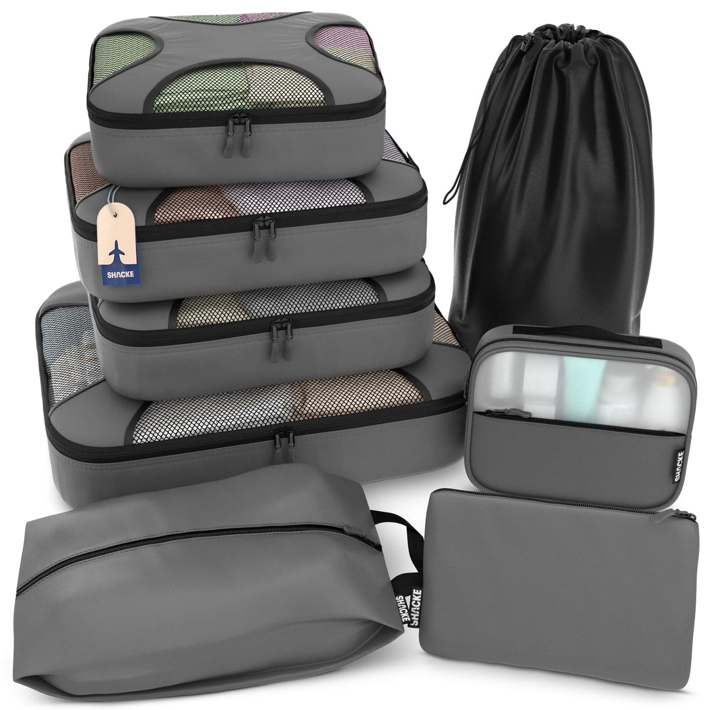 Shacke Premium 8 Packing Cubes Set - Lightweight Mesh Travel Luggage Organizers with Laundry Bag, 8-Piece Suitcase Storage System (Dark Grey)