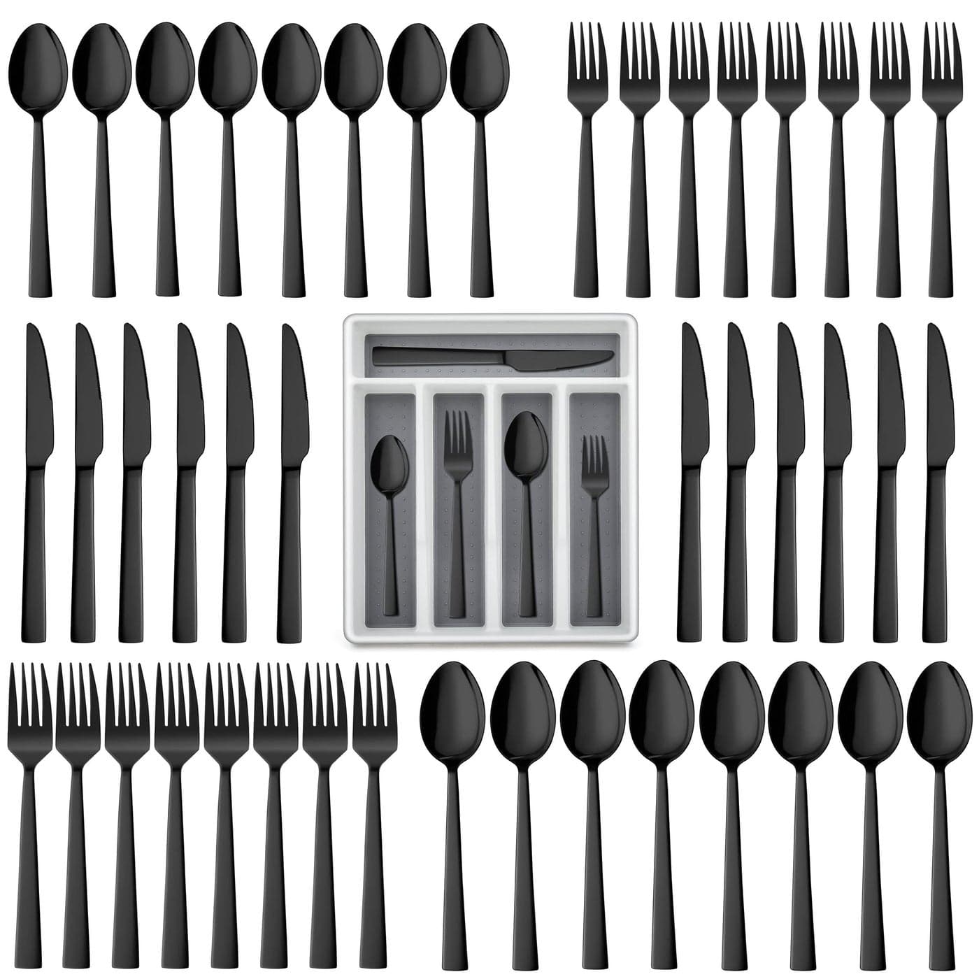 LIANYU 60Piece Black Silverware Set with Organizer Tray Stainless Steel Square Flatware Cutlery Set for 12 Black Eating Utensils for Home Restaurant Dishwasher Safe Mirror Finished