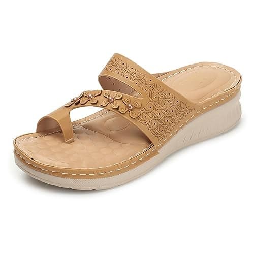 XE Looks Women's Camel Orthopedic Wedge Slippers | Stylish Floral Cut-Out Design | Comfortable Doctor Slippers with Cushioned Support For Girls & Women