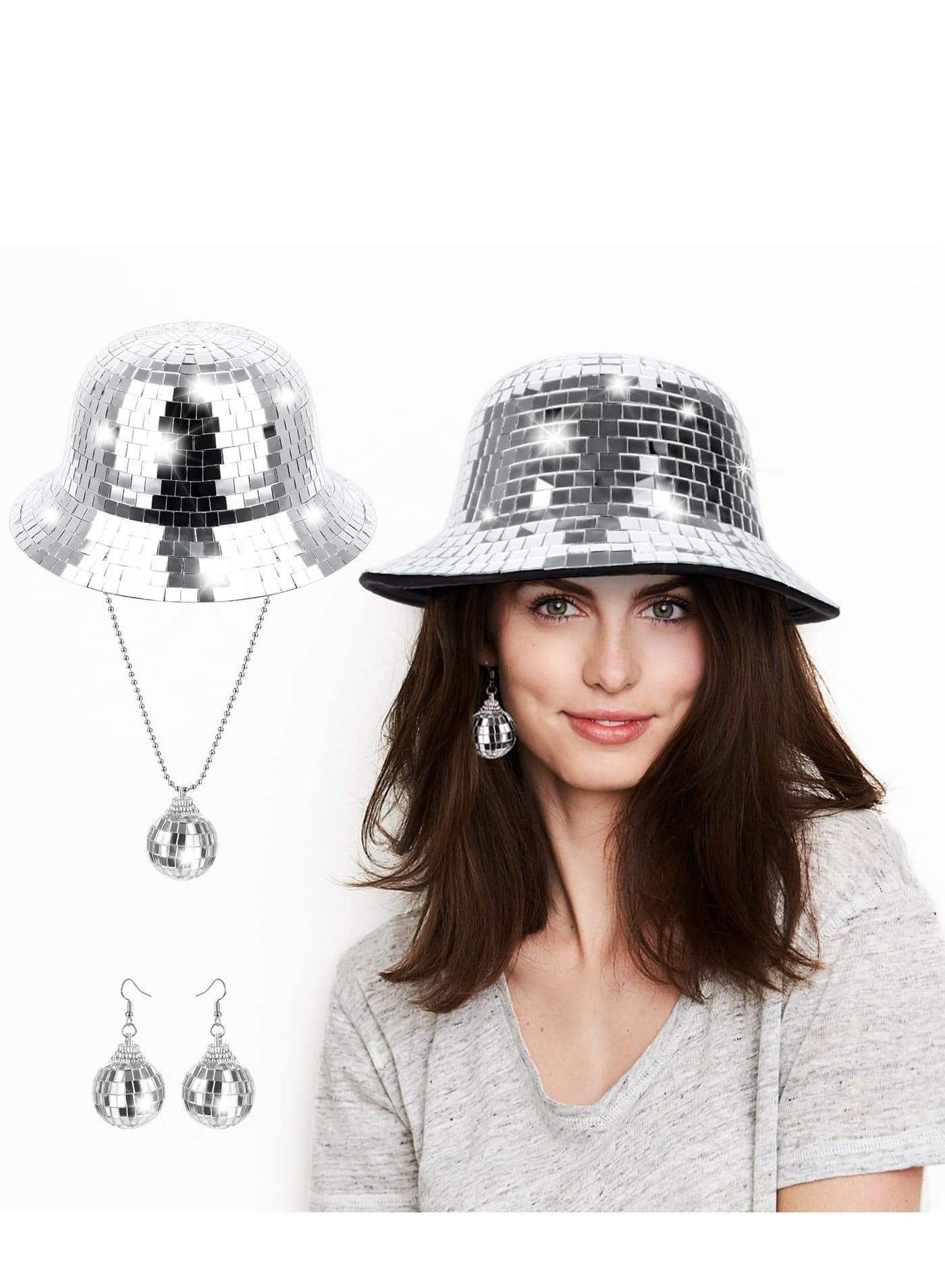 Disco Bucket Hat Silver 70s Mirrored Party with Ball Earrings and Sequin Necklace Western Cowboy