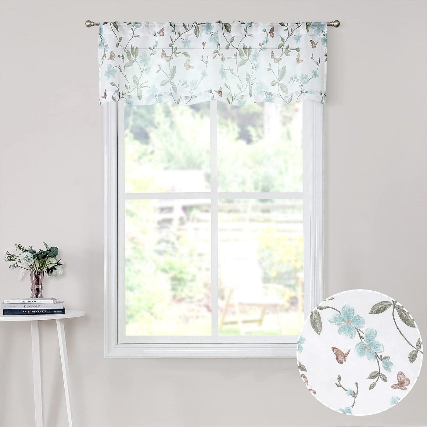 Tollpiz Sheer Floral Curtain Valance Blue Flower Butterfly Printed Bedroom Curtain Valances Rod Pocket Voile Faux Linen Window Valance Curtains for Living Room 54 x 16 inches Long Set of 1 Panel
